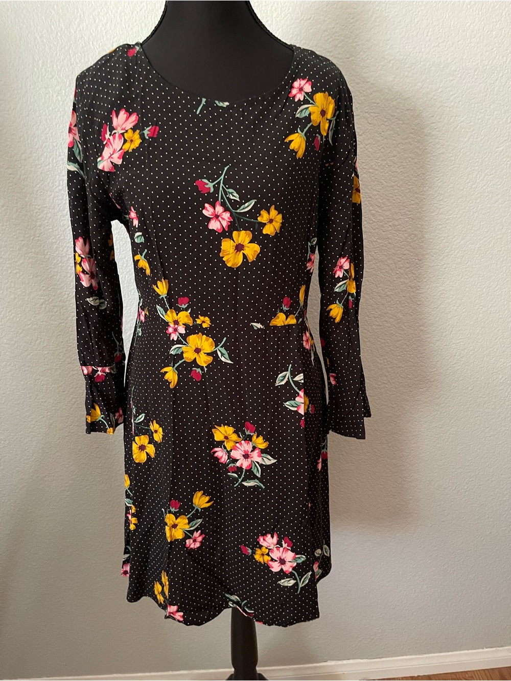 Old Navy Black Long-Sleeve Floral Dress with Yellow & Pink Blooms